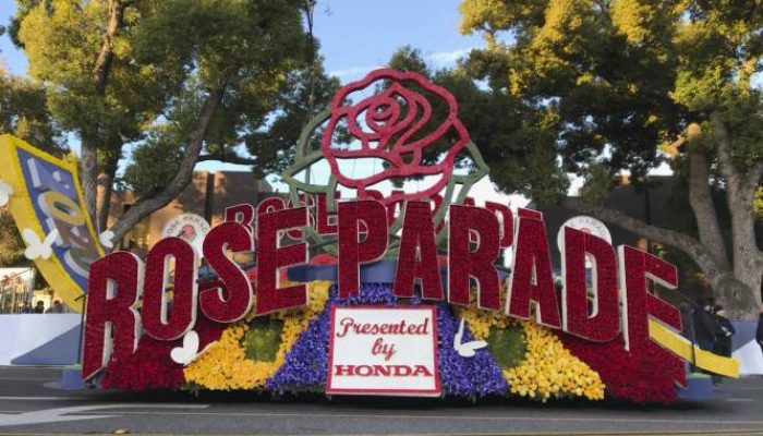 A 2020 Rose Parade float is seen at the start of the route at the 131st Rose Parade in Pasadena, Calif., Wednesday, Jan. 1, 2020. The theme of this year's parade is "The Power of Hope." (AP Photo/Michael Owen Baker)